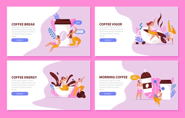 Caffeine stimulating effect flat 4x1 set of horizontal backgrounds with coffee people editable text and buttons vector illustration