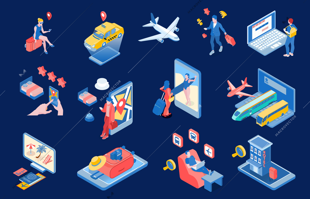 Online booking service isometric set with people using smartphone and computer for reservation of hotel car aircraft tickets in internet vector illustration