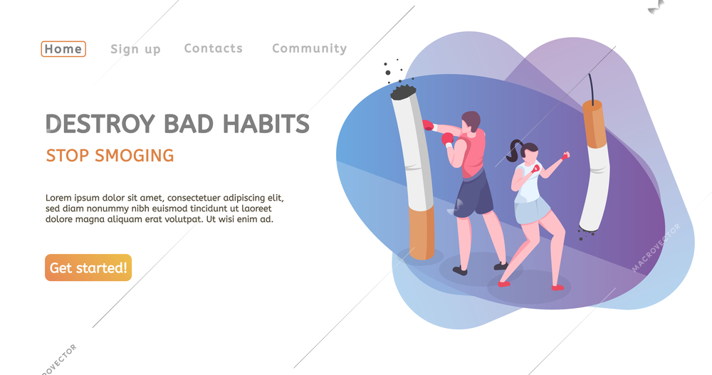 Stop smoking web page with teen characters boxing with big cigarette images and text destroy bad habits flat vector illustration