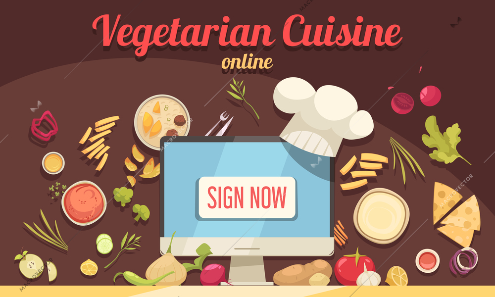 Vegeterian cuisine poster with online cooking symbols flat vector illustration