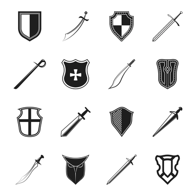 Swords medieval knight weapon and and steel warrior shields isolated vector illustration