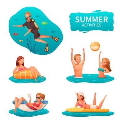 Water sports and summer activities icons set with people diving playing with ball and relaxing cartoon isolated vector illustration