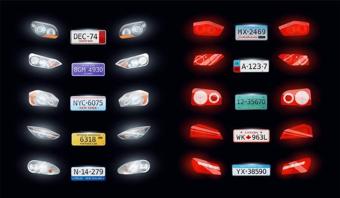 Various types car auto headlights taillights vehicle registration licence number plates realistic set black background vector illustration