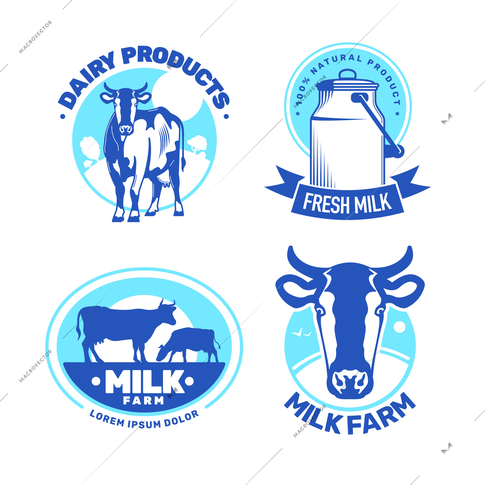 Milk farm color emblem hand drawn set with cow and fresh dairy products signs isolated  vector illustration