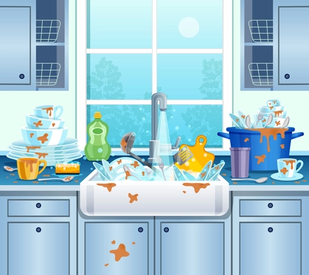 Dirty kitchen background with plates cups and soap flat vector illustration