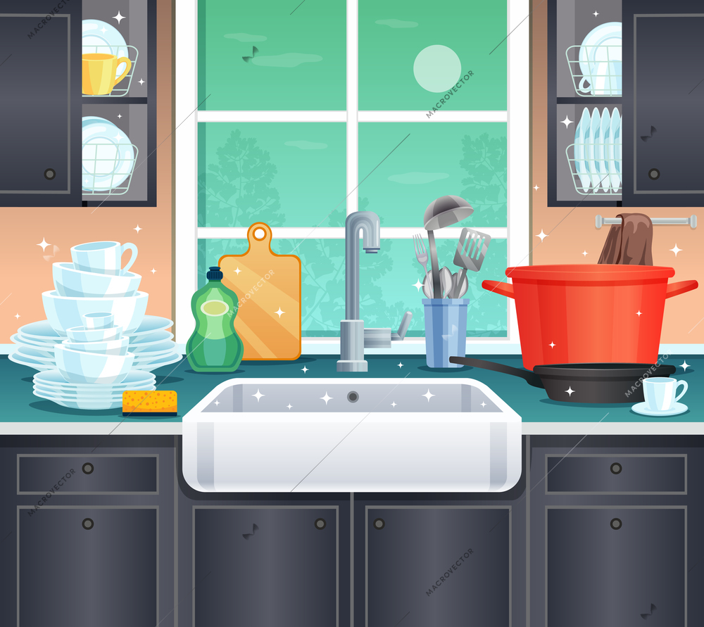 Clean kitchen background with washing kitchen utensils symbols flat vector illustration