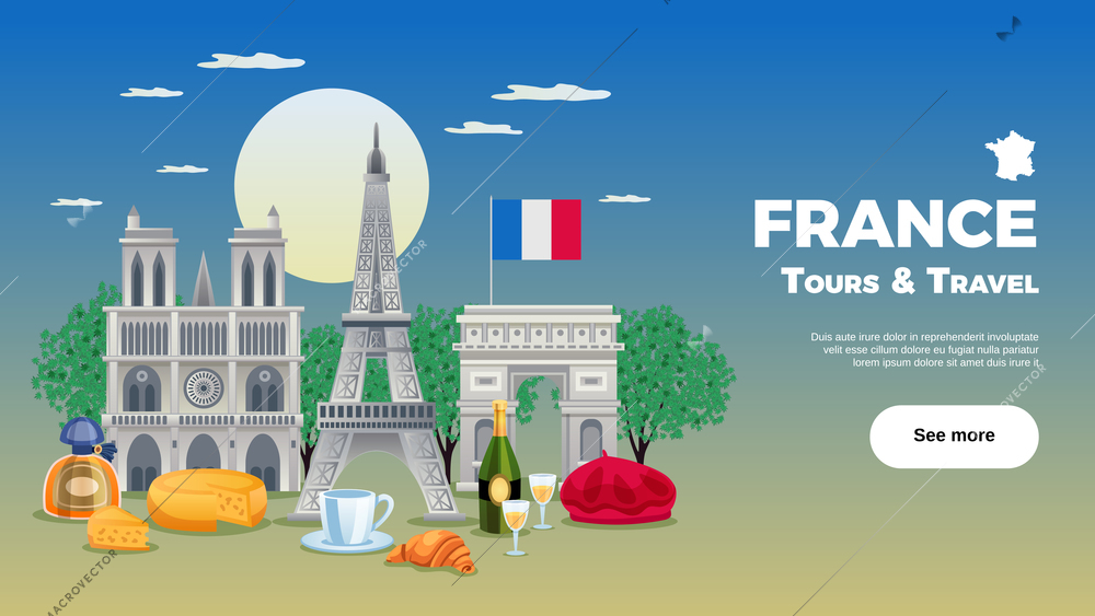 France travel poster with sights and cuisine symbols flat vector illustration