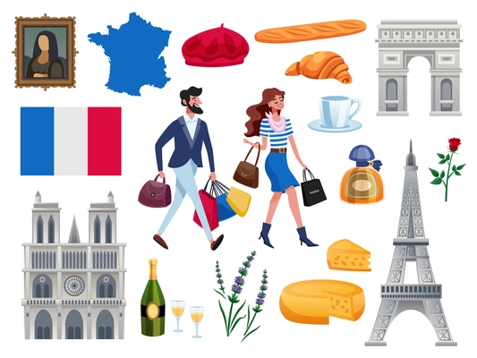 France icons set with sightseeing symbols flat isolated vector illustration