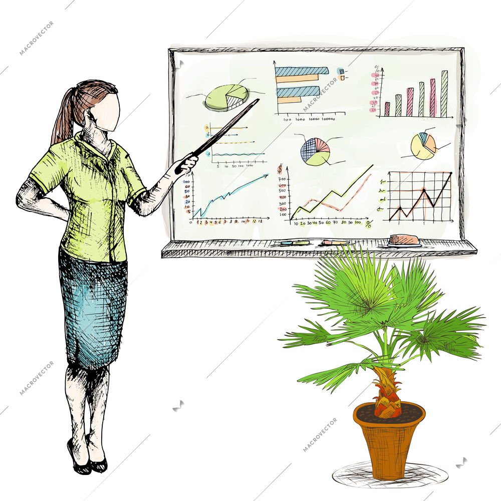 Business woman makes presentation pointing on desk with graph sketch vector illustration