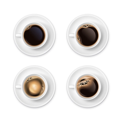 Black coffee with foam in white cups top view realistic set isolated vector illustration