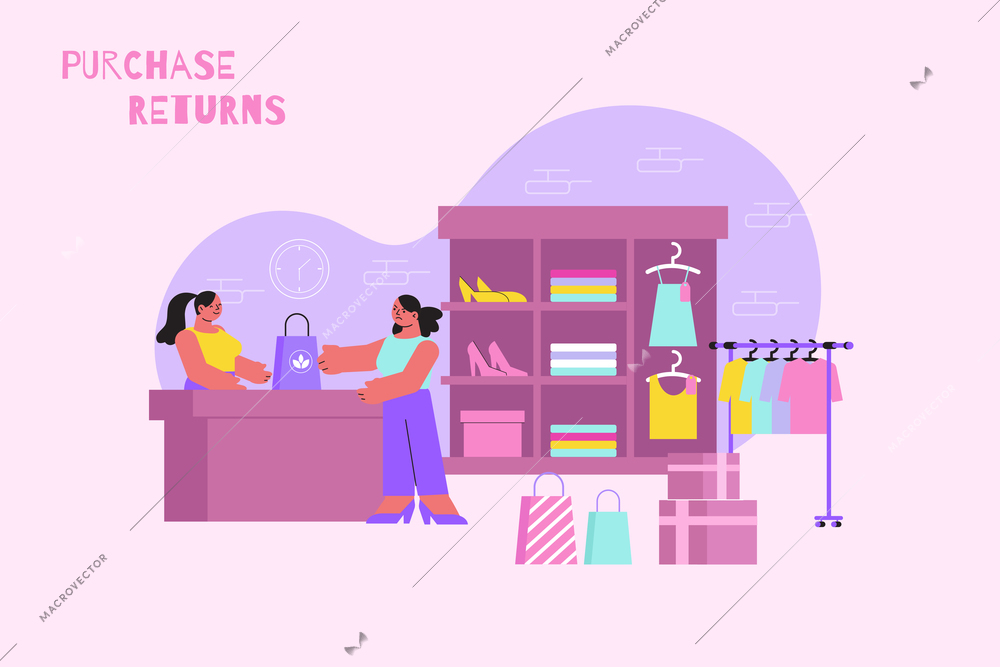 Purchase returns flat composition with fashion clothes store scenery and client giving item back to seller vector illustration