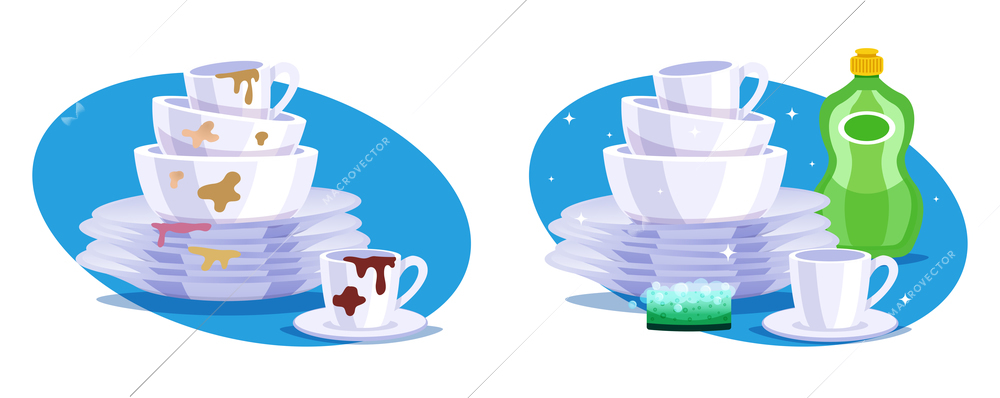 Dirty and clean dishes set with plate cup and soap flat isolated vector illustration