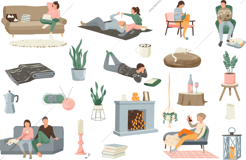 Hygge lifestyle flat icons collection with isolated human characters and icons of house plants soft furniture vector illustration