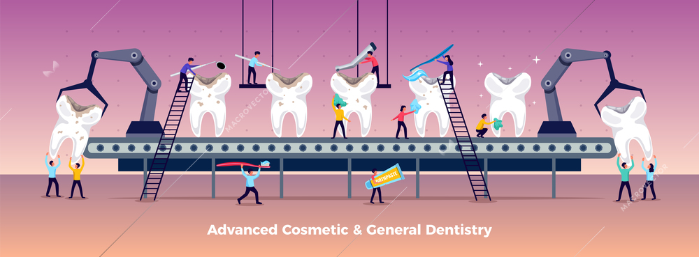 Dental problems composition with advanced cosmetic and general dentistry symbols flat vector illustration