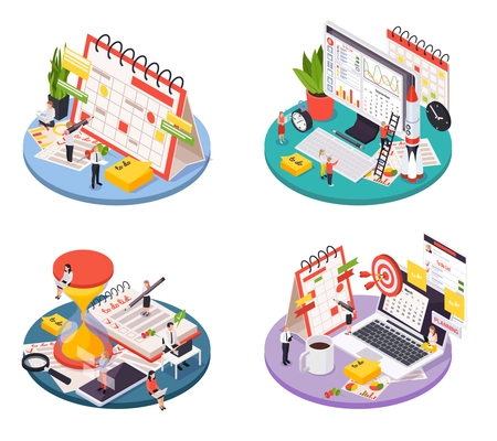 Time management planning schedule isometric icon set with to do lists planners and other descriptions vector illustration