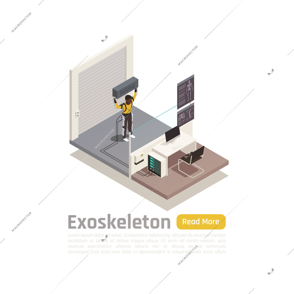 Bionics technology isometric composition illustrated man wearing exoskeleton to ease heavy physical exertion vector illustration