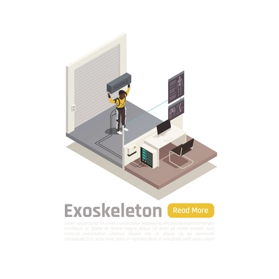 Bionics technology isometric composition illustrated man wearing exoskeleton to ease heavy physical exertion vector illustration