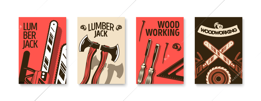 Lumberjack and woodworking poster set designed wth chisel axe handsaw measuring equipment isolated flat vector illustration