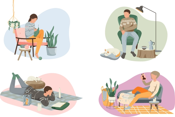 Hygge lifestyle flat 4x1 compositions set with interior elements plants and human characters during leisure activities vector illustration