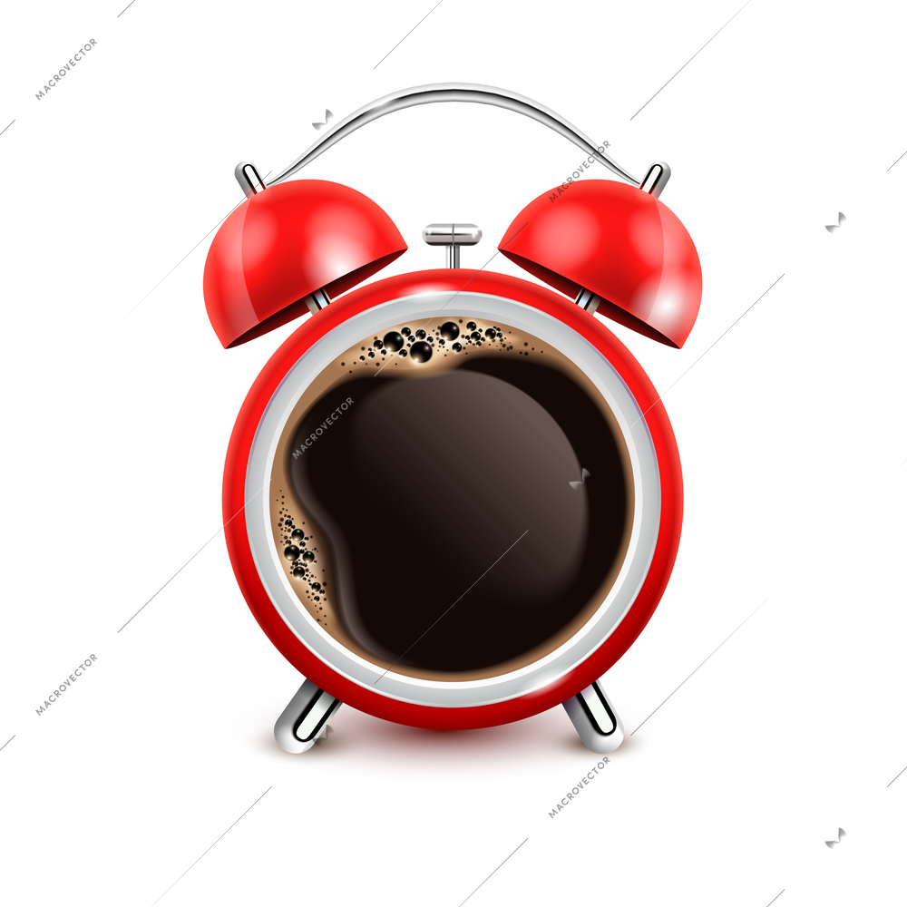 Retro red alarm clock with black coffee in middle on white background realistic vector illustration