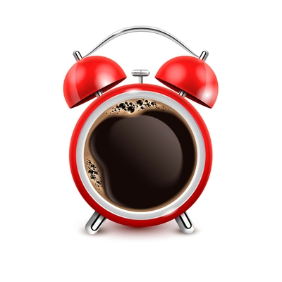 Retro red alarm clock with black coffee in middle on white background realistic vector illustration