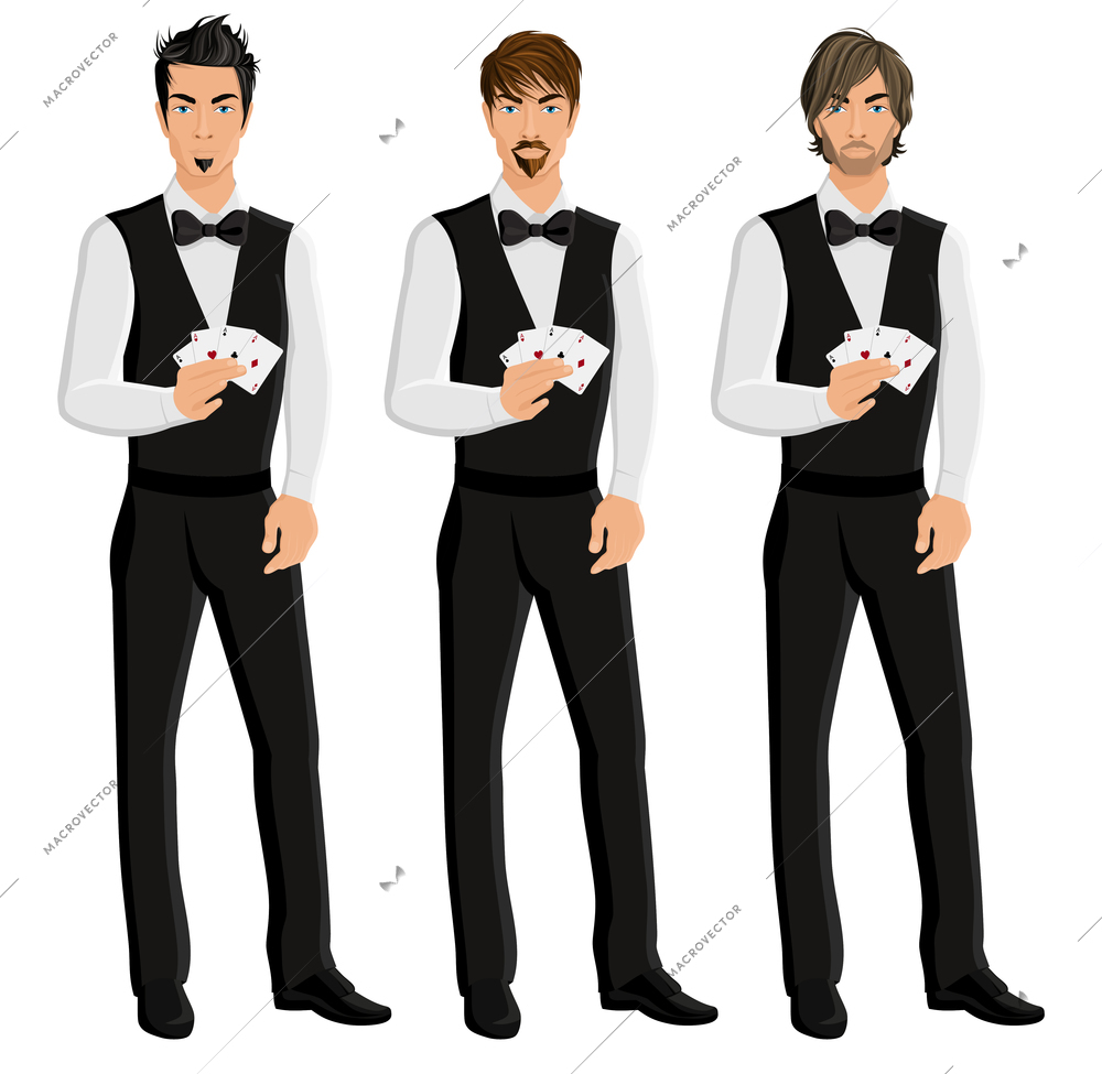 Handsome sexy young men casino dealers with cards portrait set isolated vector illustration.