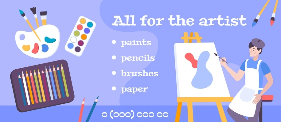 Visual art poster with paints pencils brushes paper flat vector illustration