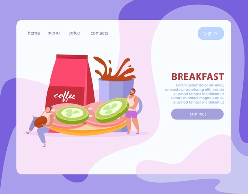People with breakfast flat composition or landing page with links and connect button vector illustration