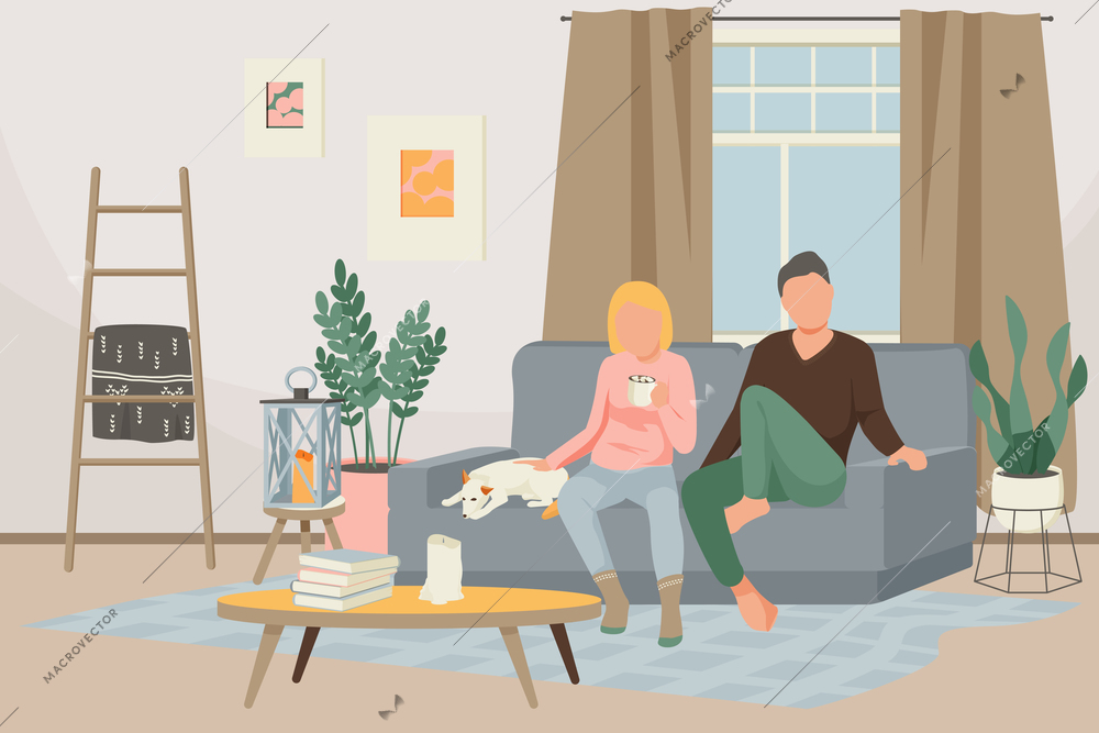 Hygge lifestyle flat composition with indoor view of living room interior with couple sitting on sofa vector illustration