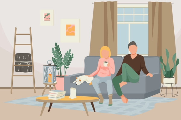 Hygge lifestyle flat composition with indoor view of living room interior with couple sitting on sofa vector illustration