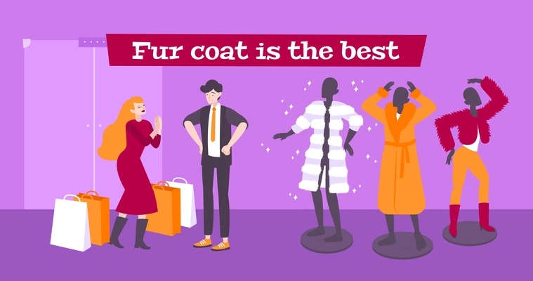 Fur coat background with best gift symbols flat vector illustration