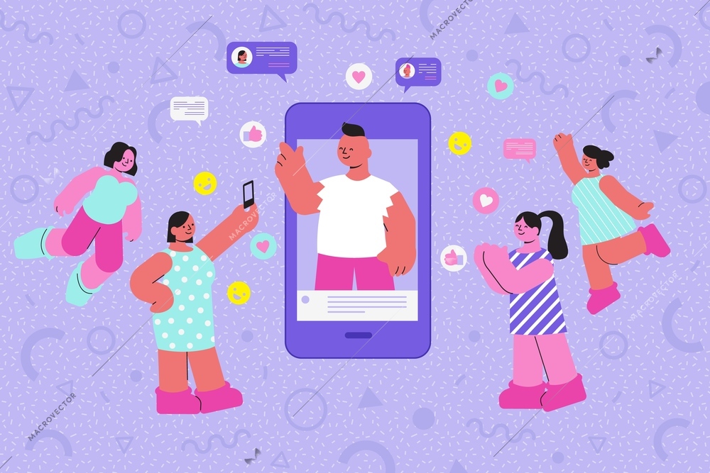 Influencer flat composition with smartphone and opinion leader guy surrounded by followers and emoticon like pictograms vector illustration