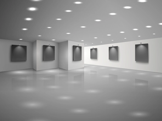 Empty white hall interior with blank black canvases vector illustration