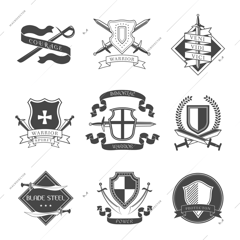 Swords shields courage warrior spirit immortal power label set isolated vector illustration.