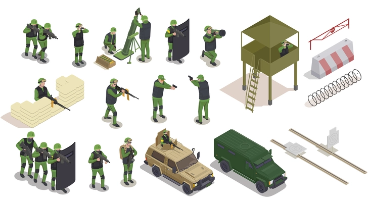 Army weapons soldier isometric collection of isolated human characters icons of barriers and armed military vehicles vector illustration