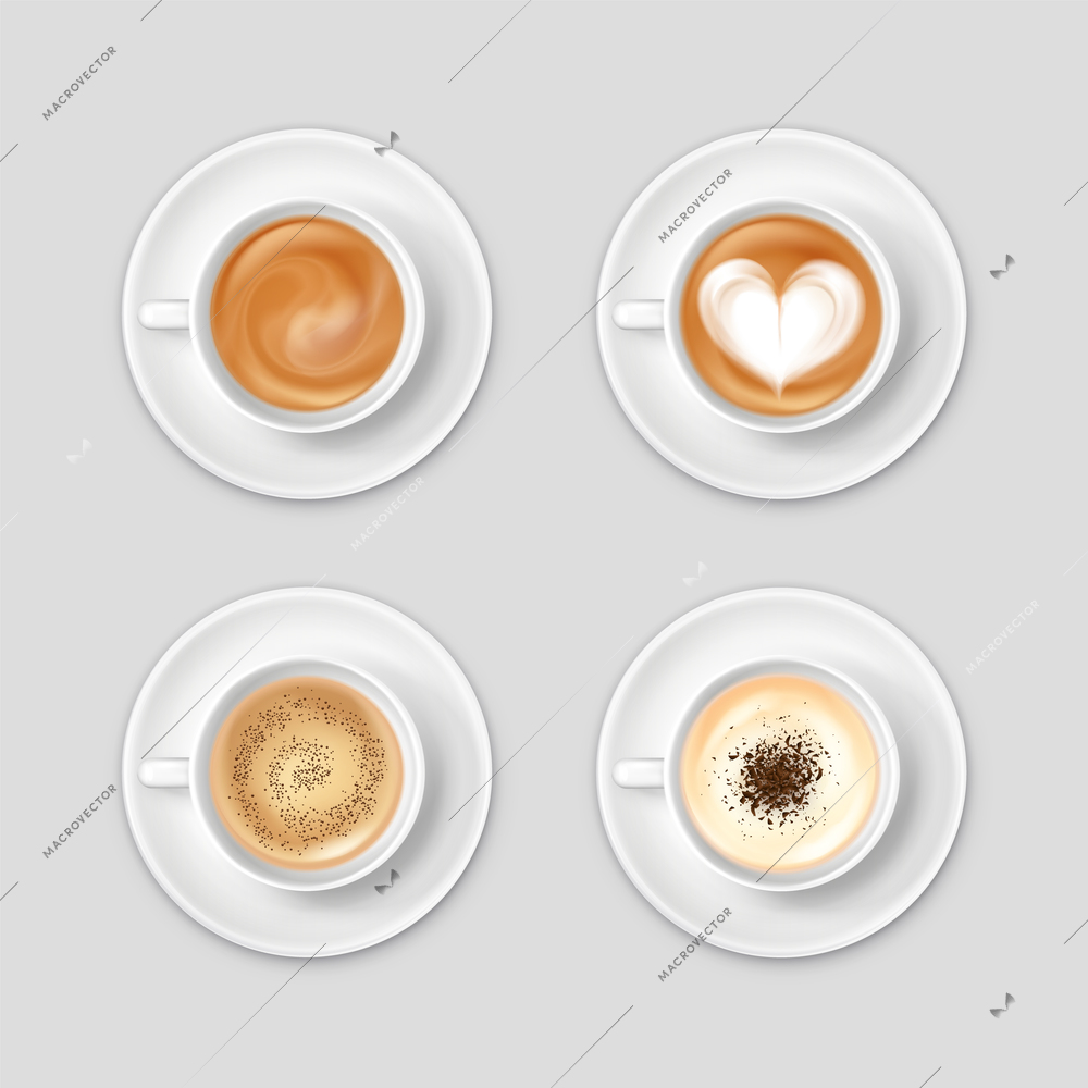 Realistic 2x2 top view set with coffee in cups on saucers isolated vector illustration