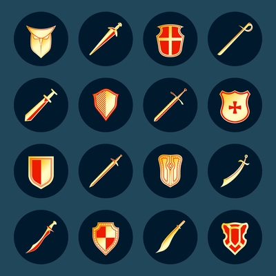 Swords antique military knight weapon and steel warrior shields round isolated vector illustration