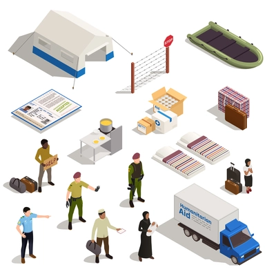 Refugees isometric icons set Immigrant and  policeman characters refugee camp truck with humanitarian add isolated vector illustration