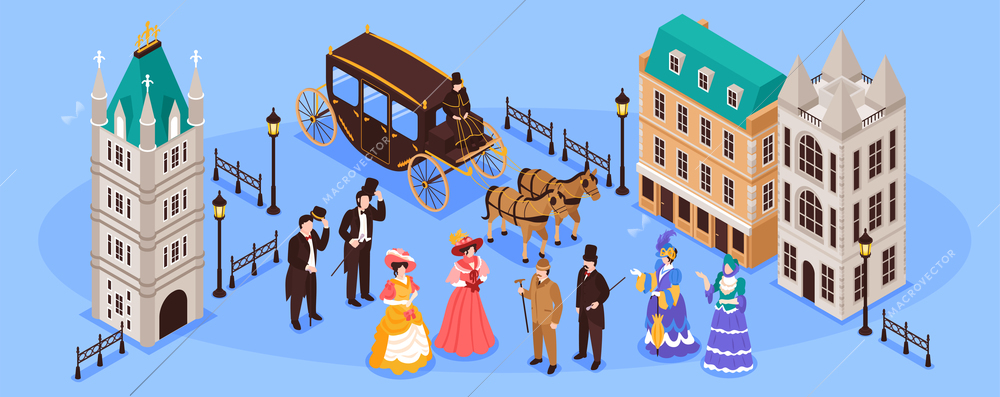 Victorian era horizontal poster with residents of old town and carriage pulled by two horses isometric vector illustration