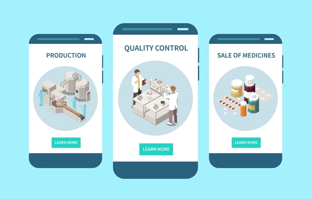 Pharmaceutical production inspection distribution registered for sale medication quality control 3 mobile screen isometric designs vector illustration