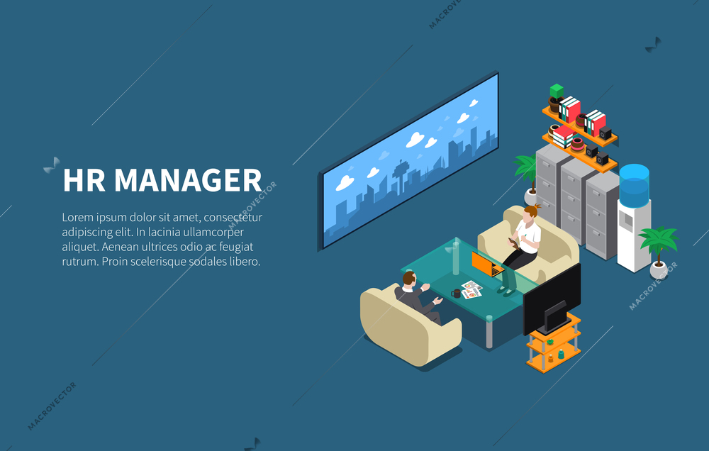 Recruitment hr manager discuss with staff member hiring procedures in his office isometric composition background vector illustration