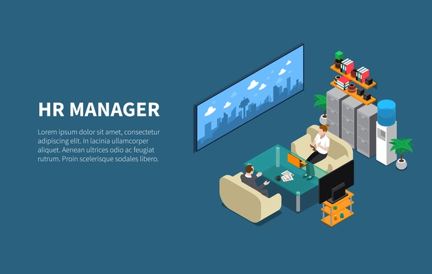 Recruitment hr manager discuss with staff member hiring procedures in his office isometric composition background vector illustration