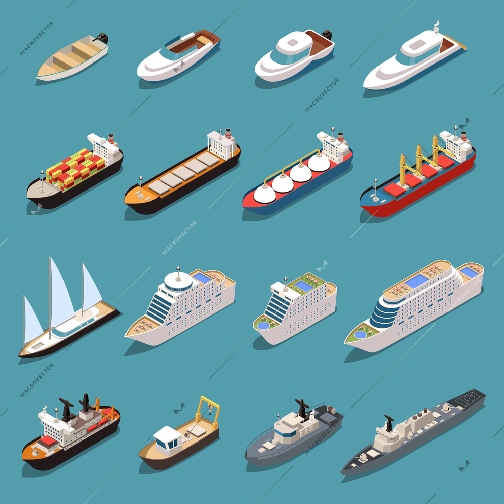 Ships isometric set with icebreaker speedboat cruise liner bulk carrier sail yacht oil tanker warship vector illustration