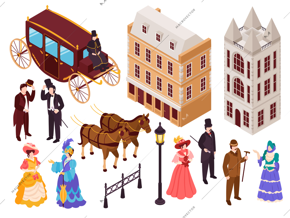 Victorian era english fashion architecture elements isometric set with town city houses lanterns carriage citizens vector illustration