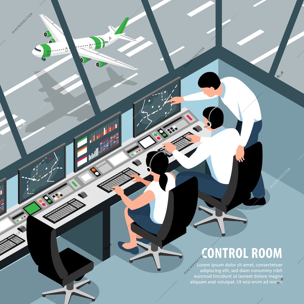 Isometric airport traffic control team background with indoor scenery aircraft control room operators and editable text vector illustration