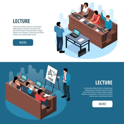 Isometric professor lecture class set of two horizontal banners with people editable text and more button vector illustration