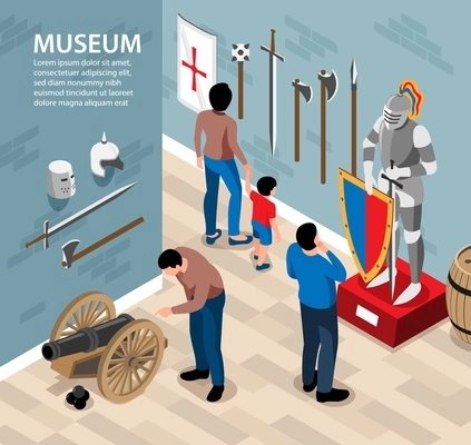 Isometric historical museum background with indoor scenery visitors watching ancient weapons and costumes with editable text vector illustration