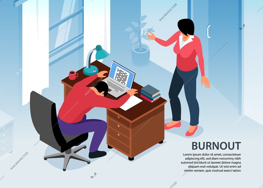 Isometric professional burnout horizontal background with text and indoor view of tired man at working table vector illustration