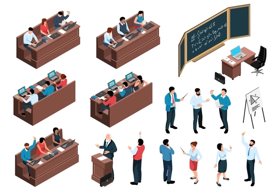 Isometric professor lecture class students set of isolated icons human characters and desks with sitting students vector illustration