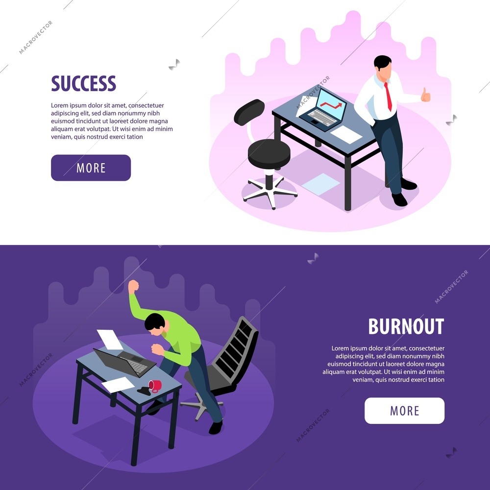 Isometric set of two banners with successful office worker and stressed man with professional burnout isolated vector illustration